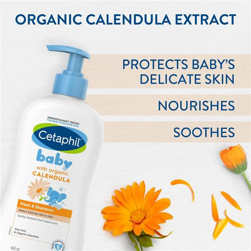 Cetaphil Baby Wash & Shampoo with Organic Calendula Tear-Free – 400ml | Gentle Skincare for Babies